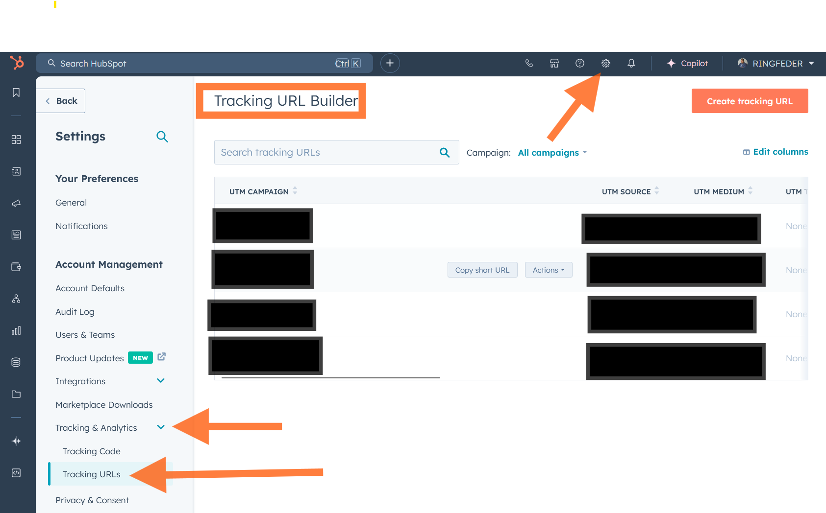 HubSpot Tracking URL setup showing UTM parameters for campaign tracking in data-driven marketing.