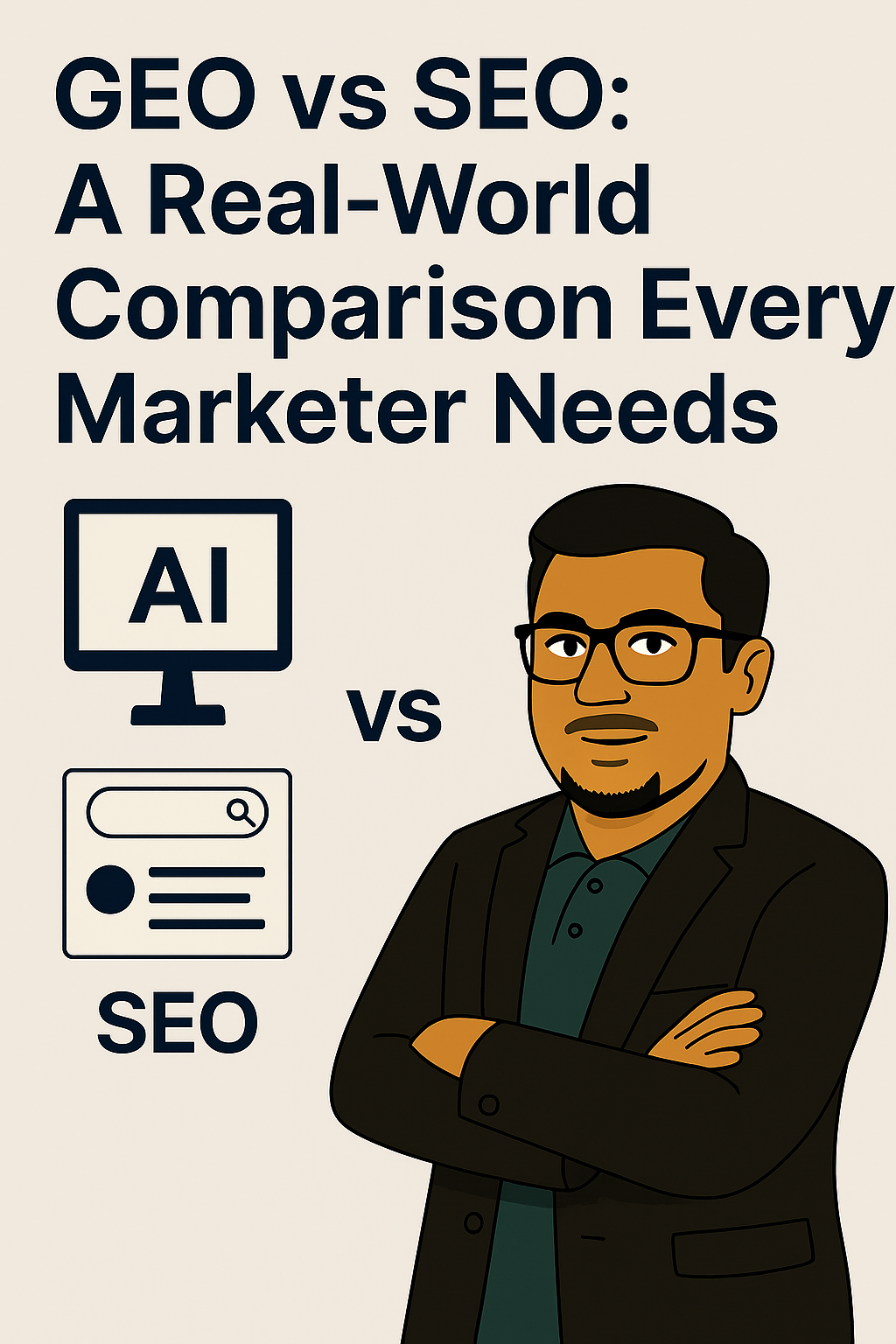 Flat-style illustration titled 'GEO vs SEO' featuring Asif Ikbal Bhuiya with AI, search icons, and comparison visuals.