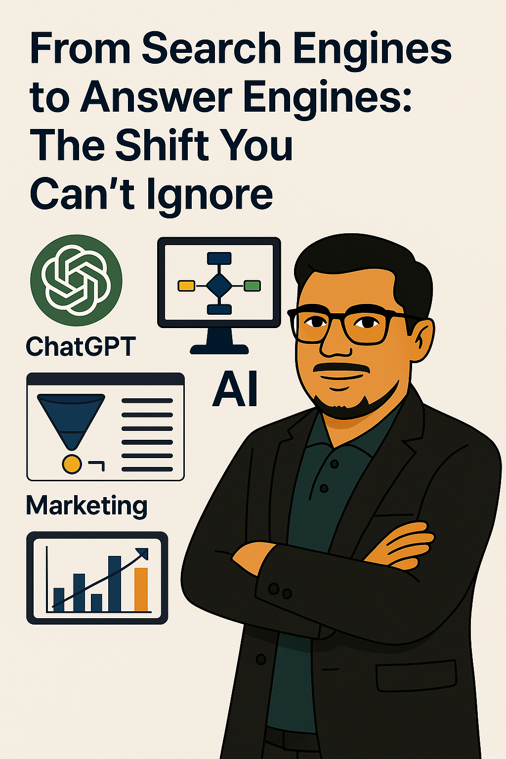 Featured illustration for blog titled 'From Search Engines to Answer Engines' showing Asif Ikbal Bhuiya with AI and search engine icons.
