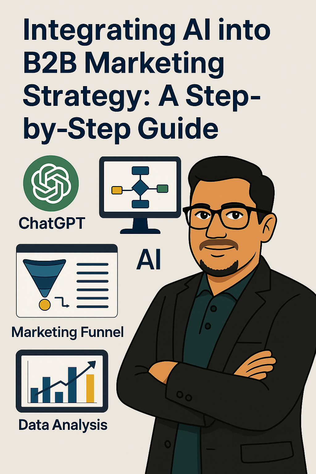 A digital illustration showing a confident business strategist surrounded by icons of AI tools like ChatGPT, HubSpot AI, Copilot, GrammarlyGO, and Notion AI — representing AI integration in modern B2B marketing workflows.