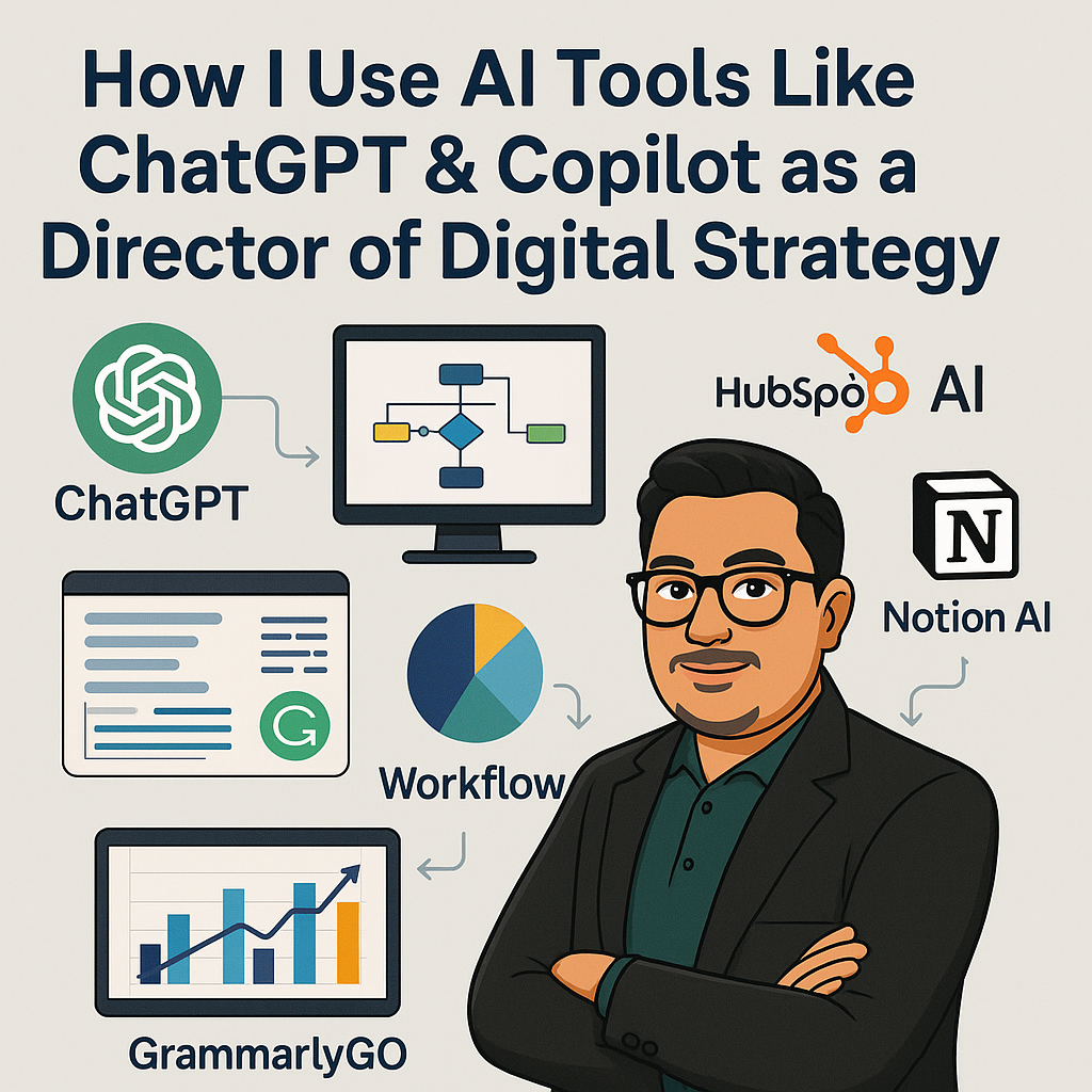Illustration showing AI tools like ChatGPT and Copilot helping with digital strategy
